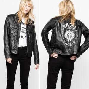 Zadig & Voltaire Kase Lambskin Crinkled Leather Coat Button Down Jacket Small